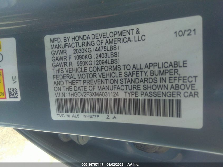 2021 HONDA ACCORD SEDAN SPORT - 1HGCV2F3XMA031124