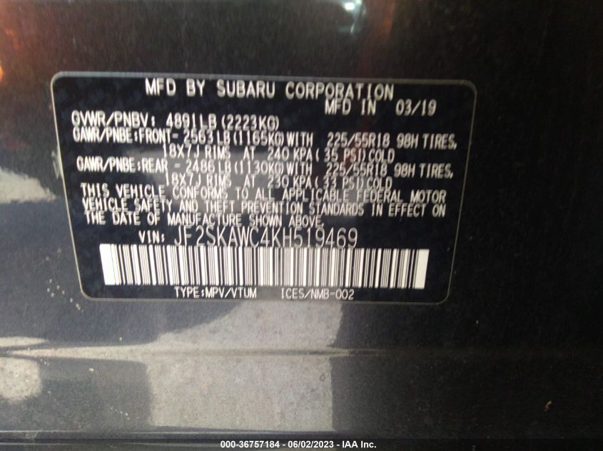 2019 SUBARU FORESTER TOURING - JF2SKAWC4KH519469