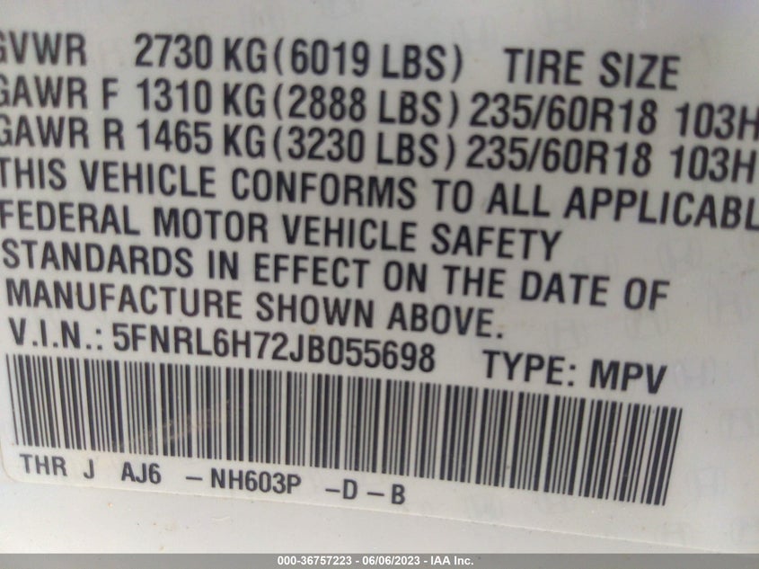 VIN 5FNRL6H72JB055698 2018 HONDA ODYSSEY EXL