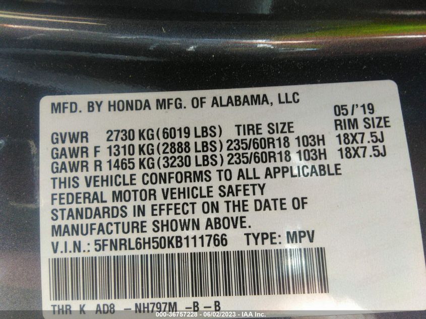 2019 HONDA ODYSSEY EX - 5FNRL6H50KB111766