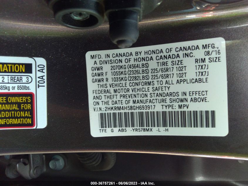 2016 HONDA CR-V EX - 2HKRM4H58GH693917