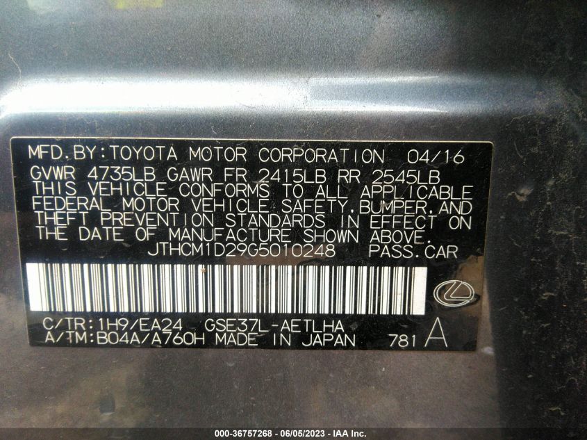 2016 LEXUS IS 300 JTHCM1D29G5010248
