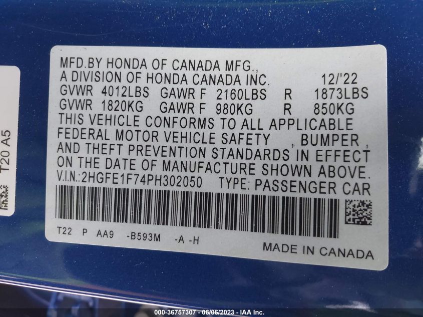 2023 HONDA CIVIC EX W/O BSI /EX - 2HGFE1F74PH302050