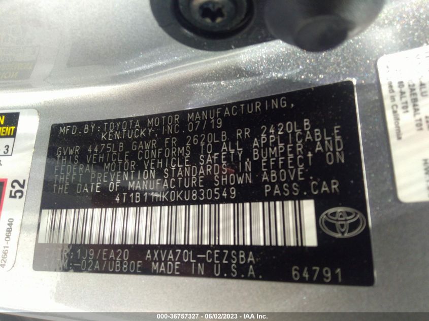 2019 TOYOTA CAMRY LE/SE/XLE/L - 4T1B11HK0KU830549
