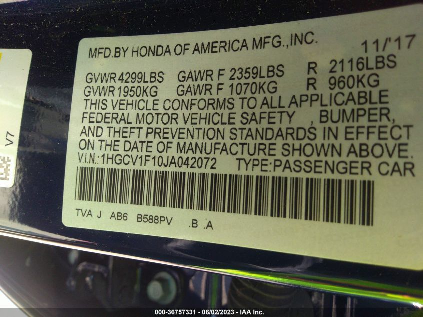 2018 HONDA ACCORD SEDAN LX 1.5T - 1HGCV1F10JA042072