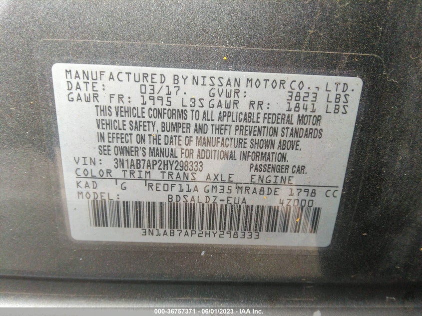 VIN 3N1AB7AP2HY298333 2017 NISSAN SENTRA SV
