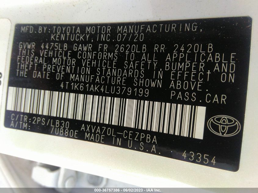 2020 TOYOTA CAMRY XSE - 4T1K61AK4LU379199
