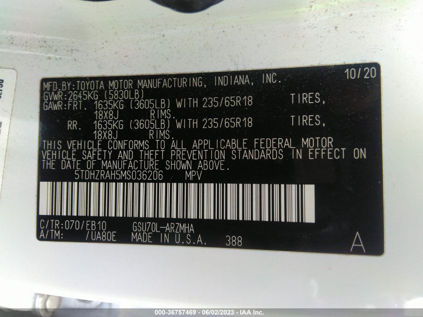 2021 TOYOTA HIGHLANDER XLE - 5TDHZRAH5MS036206