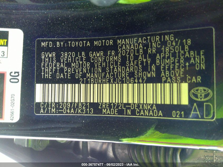 2018 TOYOTA COROLLA L/LE/XLE/SE/XSE - 2T1BURHEXJC106447
