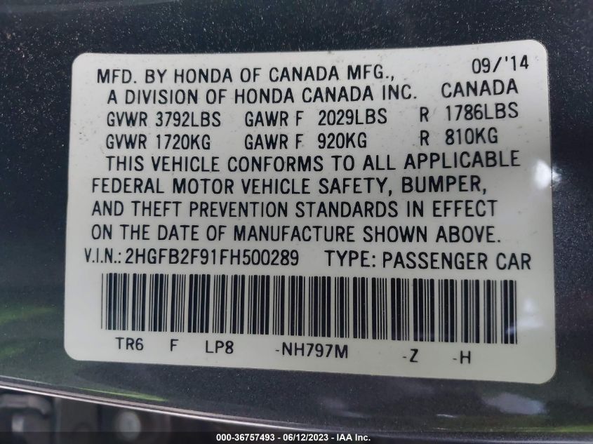 2015 HONDA CIVIC SEDAN EX-L - 2HGFB2F91FH500289