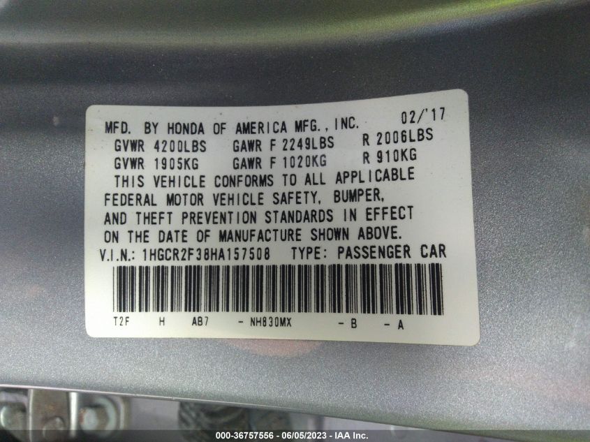 2017 HONDA ACCORD SEDAN LX - 1HGCR2F38HA157508