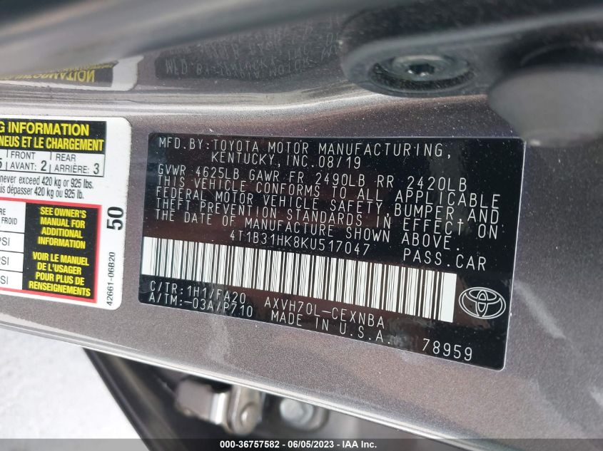2019 TOYOTA CAMRY HYBRID - 4T1B31HK8KU517047