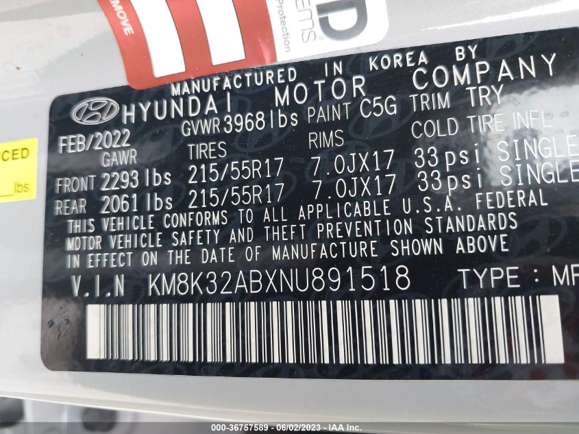 2022 HYUNDAI KONA SEL - KM8K32ABXNU891518