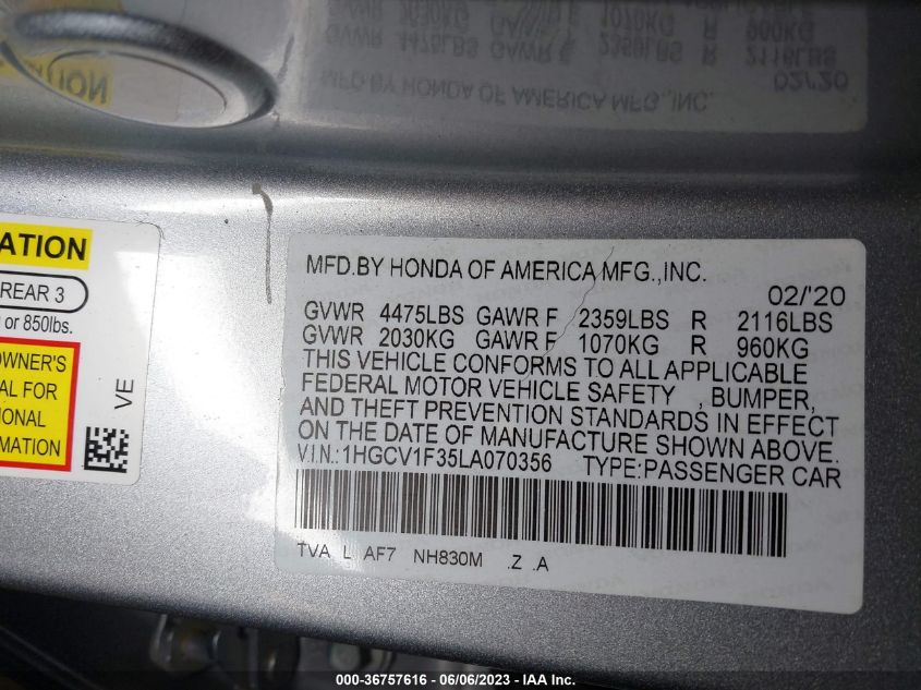 2020 HONDA ACCORD SEDAN SPORT - 1HGCV1F35LA070356