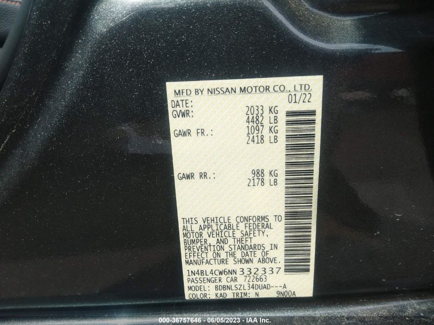 2022 NISSAN ALTIMA 2.5 SR - 1N4BL4CW6NN332337