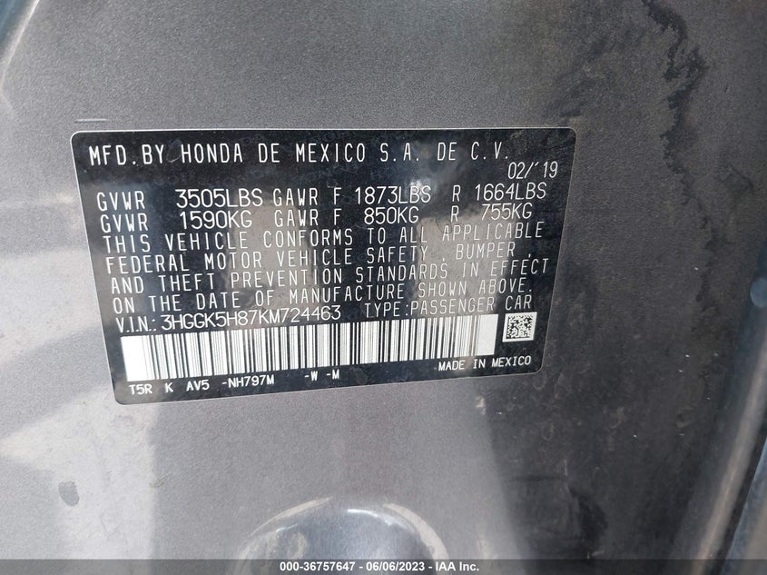 VIN 3HGGK5H87KM724463 2019 HONDA FIT EX