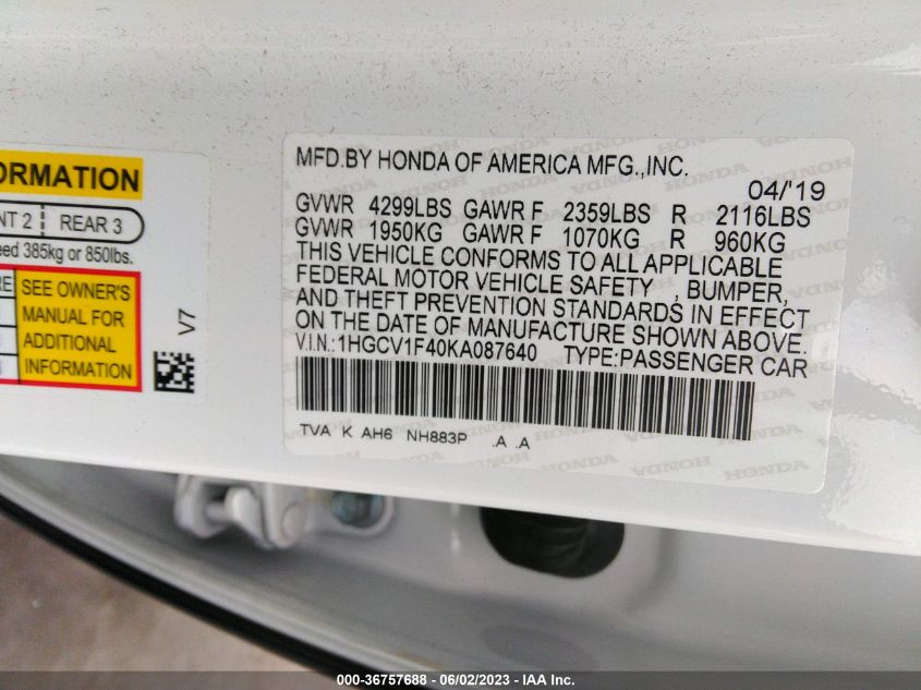 2019 HONDA ACCORD SEDAN EX 1.5T - 1HGCV1F40KA087640
