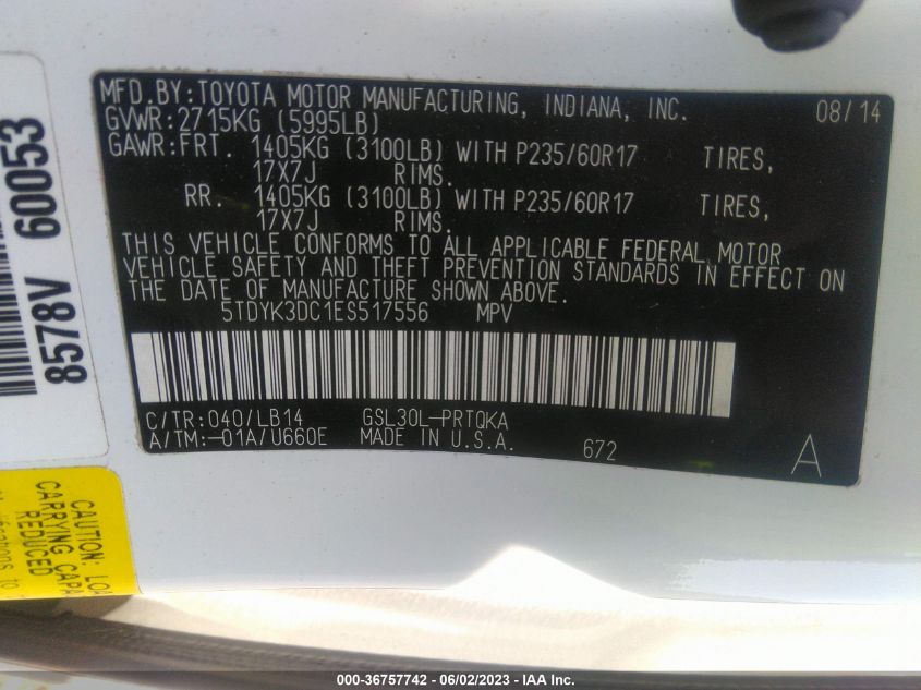2014 TOYOTA SIENNA XLE/XLE AAS/LTD - 5TDYK3DC1ES517556