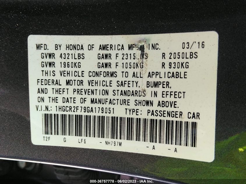 2016 HONDA ACCORD SEDAN EX - 1HGCR2F79GA179051
