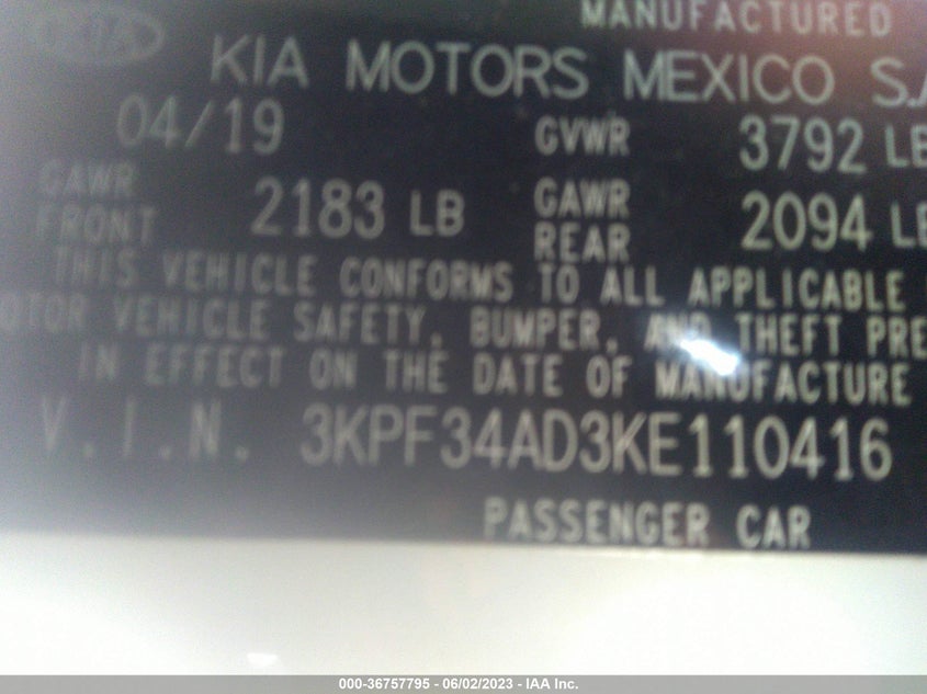 VIN 3KPF34AD3KE110416 2019 KIA FORTE S