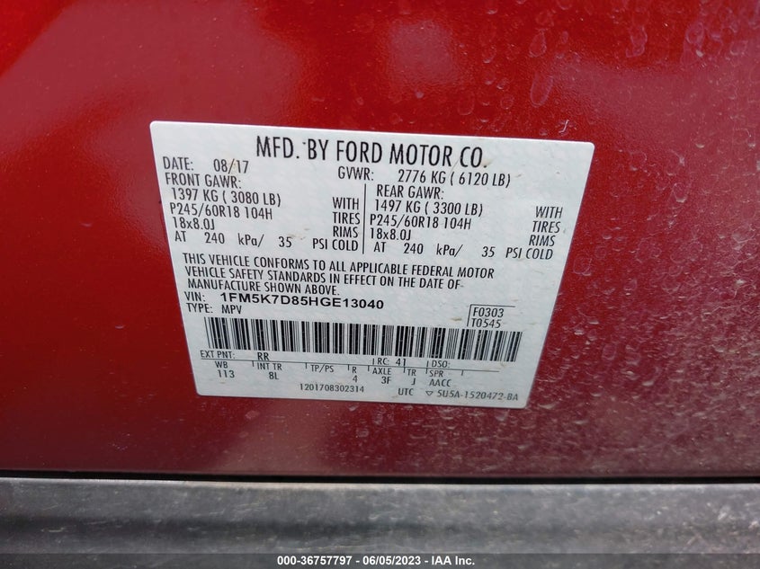 VIN 1FM5K7D85HGE13040 2017 FORD EXPLORER XLT