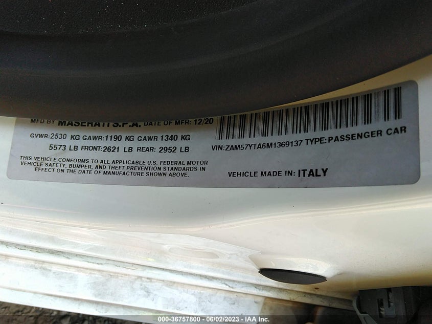 VIN ZAM57YTA6M1369137 2021 MASERATI GHIBLI S Q4
