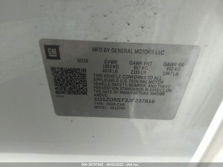 2018 CHEVROLET MALIBU LT - 1G1ZD5ST3JF237816