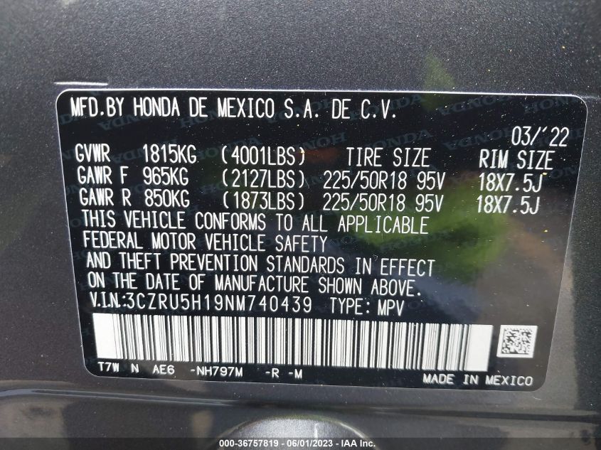 2022 HONDA HR-V SPORT - 3CZRU5H19NM740439