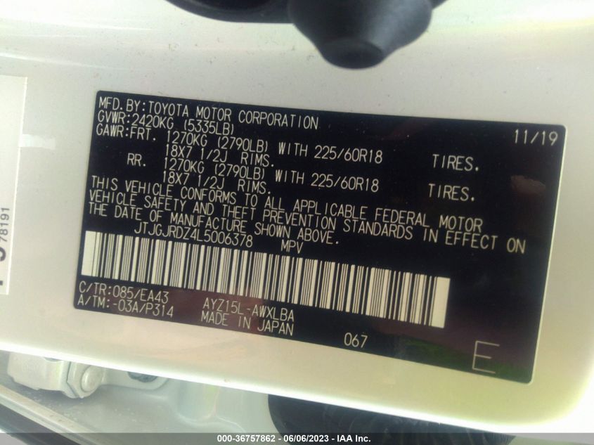 2020 LEXUS NX NX 300H - JTJGJRDZ4L5006378