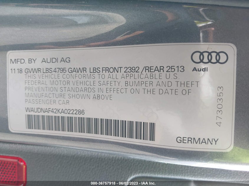 VIN WAUDNAF42KA022286 2019 AUDI A4 PREMIUM