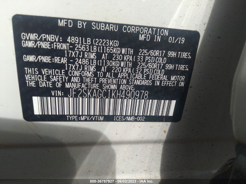 2019 SUBARU FORESTER PREMIUM - JF2SKAGC1KH490978