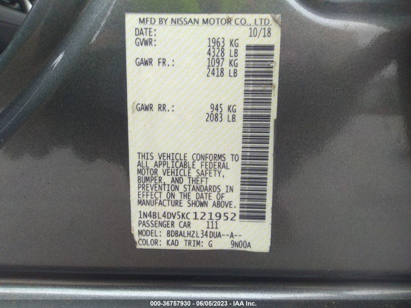 2019 NISSAN ALTIMA 2.5 SV - 1N4BL4DV5KC121952