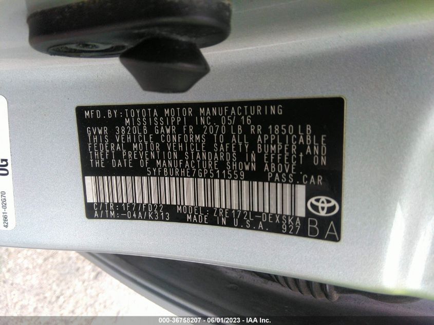 2016 TOYOTA COROLLA L/LE/S/S PLUS/LE PLUS - 5YFBURHE7GP511559