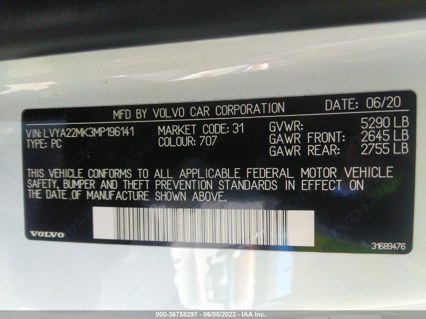 2021 VOLVO S90 MOMENTUM LVYA22MK3MP196141