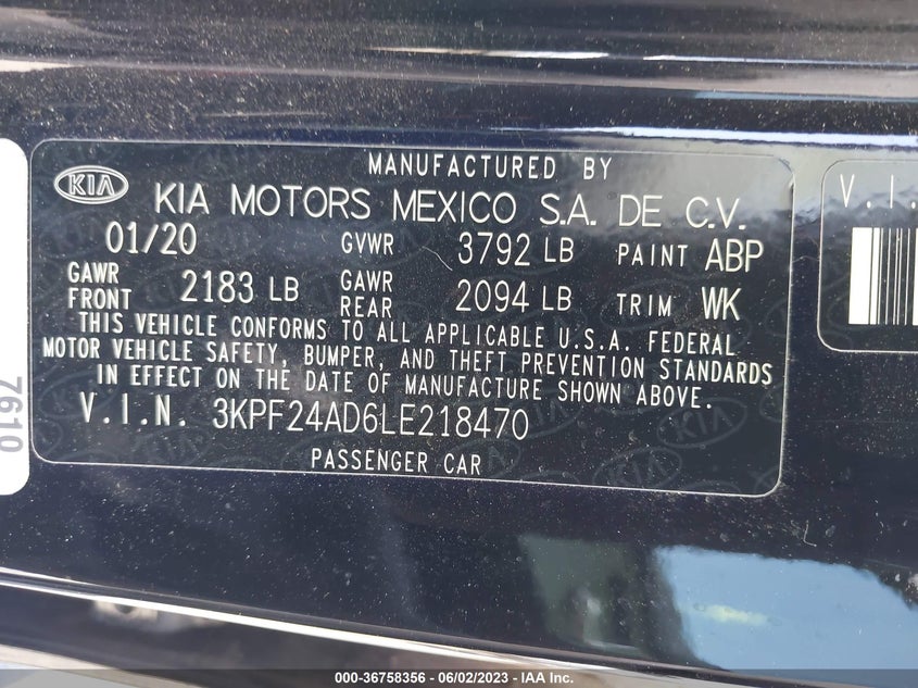 VIN 3KPF24AD6LE218470 2020 KIA FORTE LXS