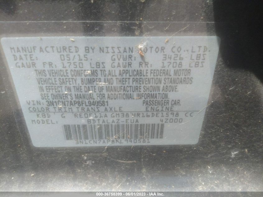 2015 NISSAN VERSA S PLUS - 3N1CN7AP8FL940581