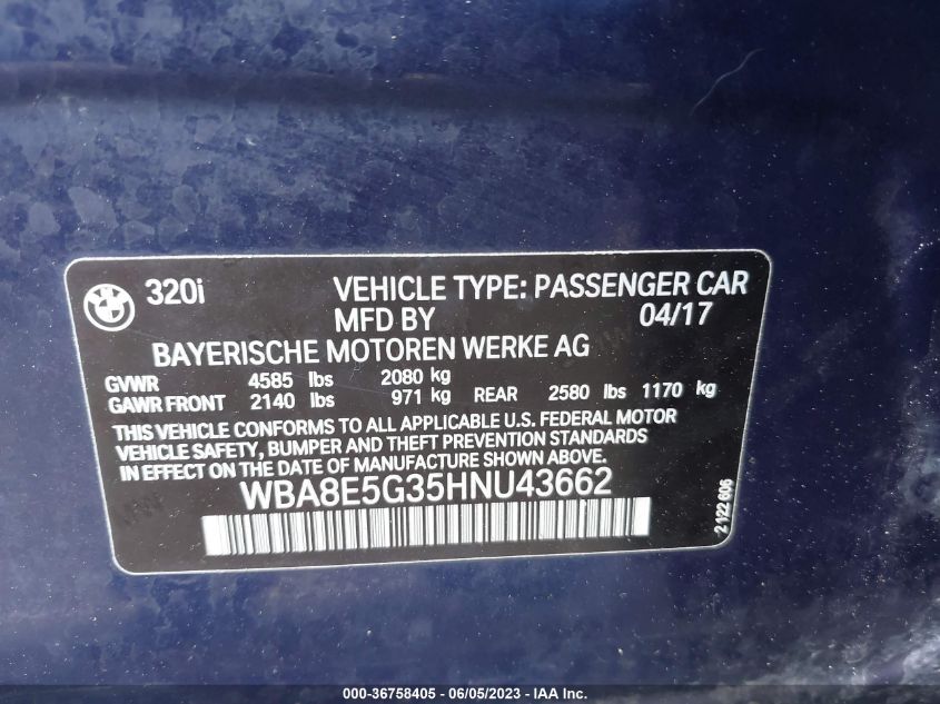 2017 BMW 3 SERIES 320I XDRIVE - WBA8E5G35HNU43662