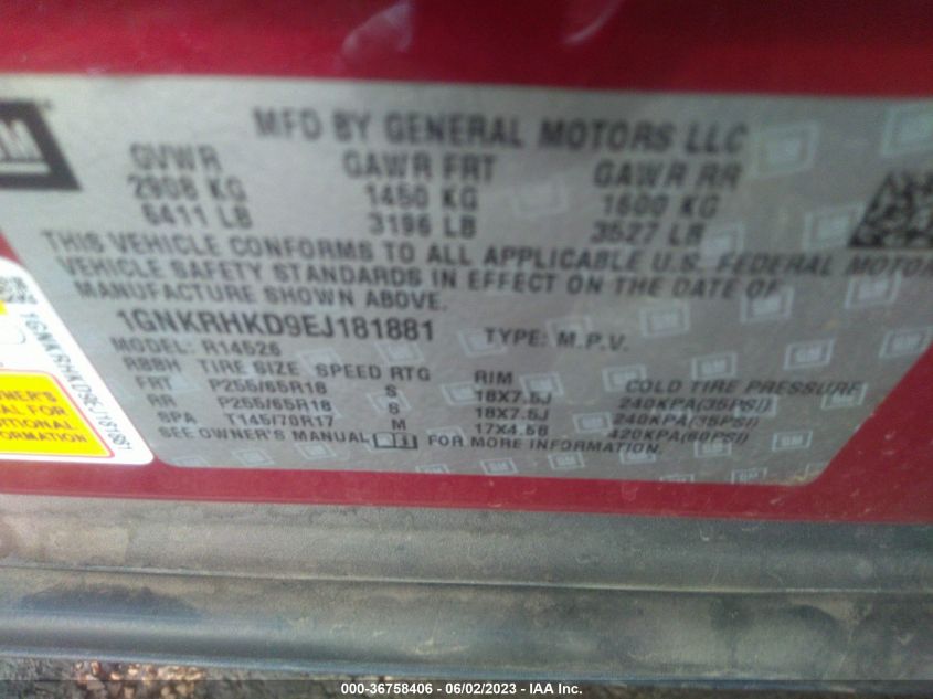 2014 CHEVROLET TRAVERSE LT - 1GNKRHKD9EJ181881