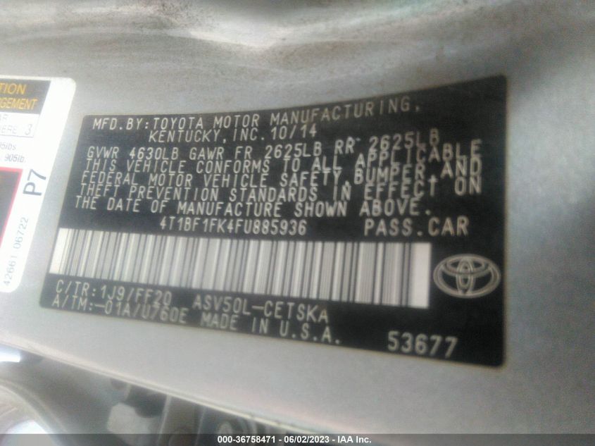 2015 TOYOTA CAMRY XLE/SE/LE/XSE - 4T1BF1FK4FU885936