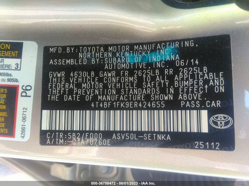 2014 TOYOTA CAMRY L/LE/XLE/SE/SE SPORT - 4T4BF1FK9ER424655