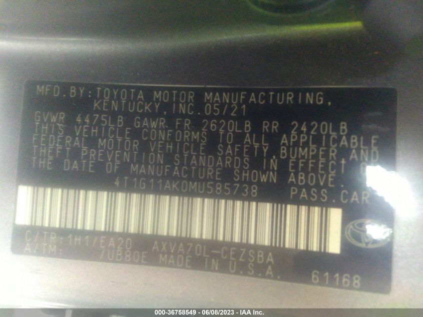 2021 TOYOTA CAMRY SE - 4T1G11AK0MU585738