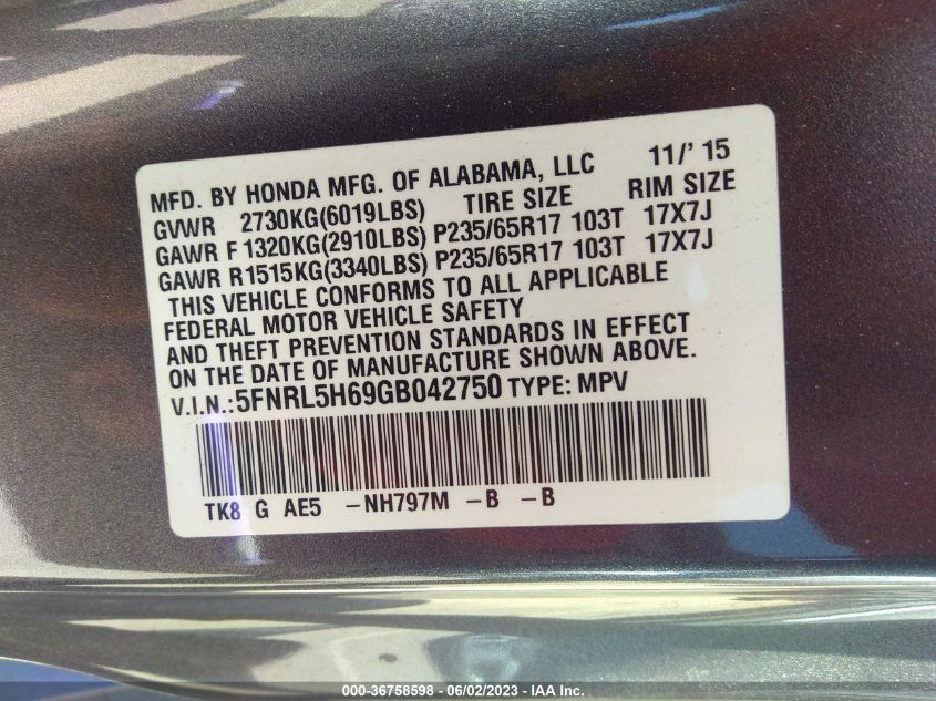 2016 HONDA ODYSSEY EX-L - 5FNRL5H69GB042750