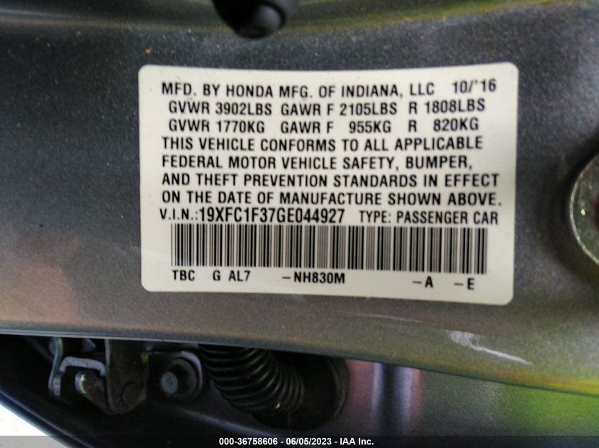 2016 HONDA CIVIC SEDAN EX-T - 19XFC1F37GE044927