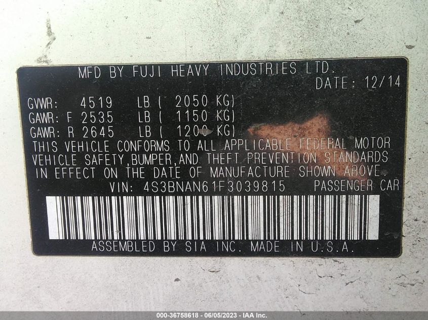 2015 SUBARU LEGACY 2.5I LIMITED - 4S3BNAN61F3039815