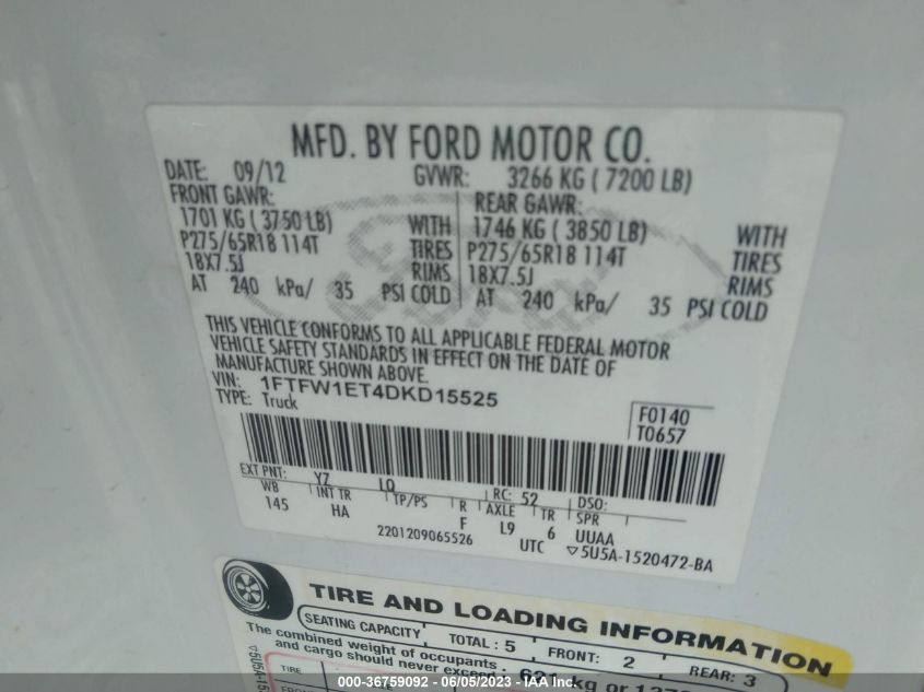 2013 FORD F-150 XL/XLT/FX4/LARIAT - 1FTFW1ET4DKD15525