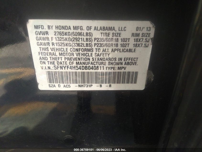 2013 HONDA PILOT EX-L - 5FNYF4H54DB040811