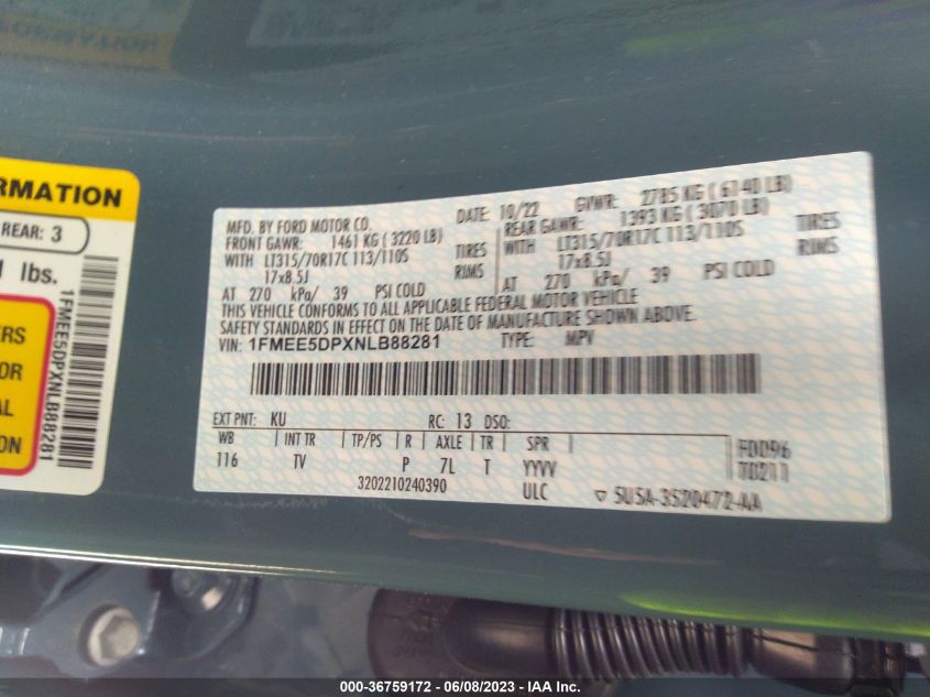 2022 FORD BRONCO BASE/BIG BEND - 1FMEE5DPXNLB88281