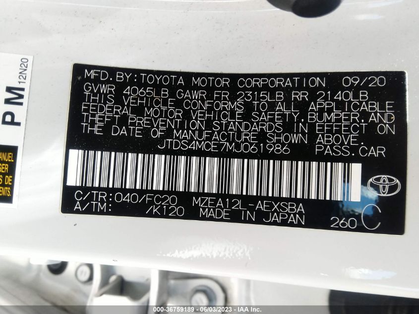 2021 TOYOTA COROLLA SE/NIGHTSHADE/APEX SE - JTDS4MCE7MJ061986