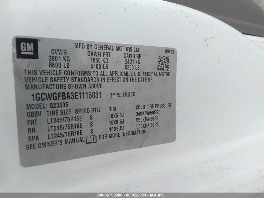 2014 CHEVROLET EXPRESS CARGO VAN - 1GCWGFBA3E1115031