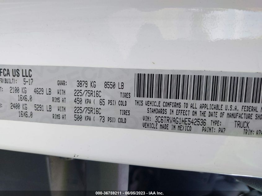 2017 RAM PROMASTER CARGO VAN - 3C6TRVAG1HE542536